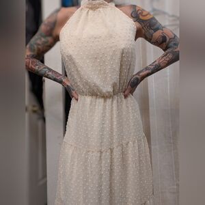 Cream Swiss Dot Sleeveless Tiered Dress